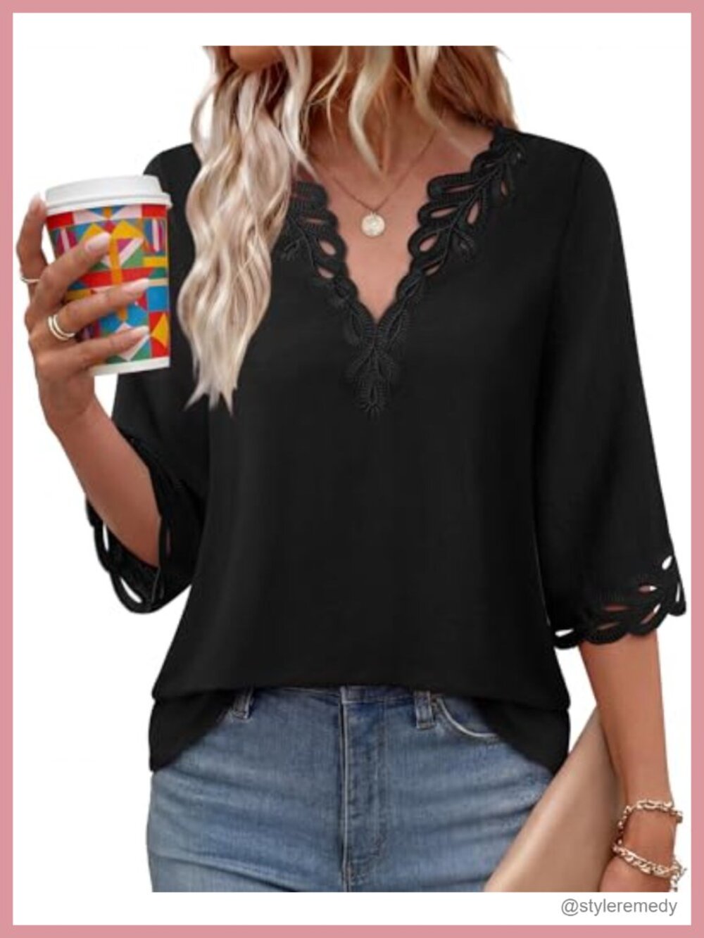 Lace Eyelet Embroidery Blouse V-Neck 3/4 Sleeve Boho Top